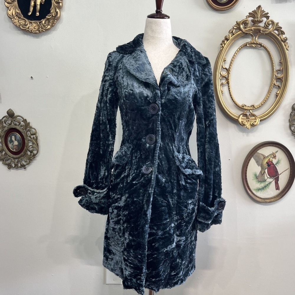 Nanette Lepore Teal Crushed Velvet Button Front Coat Size 6